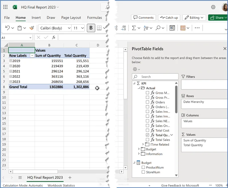 Building an Excel Pivot Table from a Power BI data model