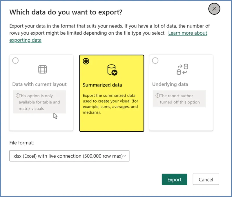 Power BI export data options dialog box with Summarized data highlighted and File format .xlsx (Excel) with live connection (500,000 row max) selected.