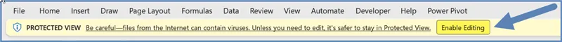Protected View warning in Excel (file from the Internet) with Enable Editing button highlighted