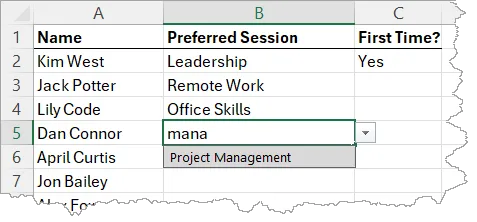 Fragment of an Excel spreadsheet with drop-down menu filtered down based on text typed out in the cell.