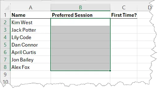 Fragment of an Excel spreadsheet with a range of cells selected.