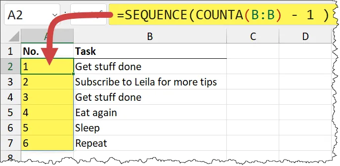 Excel SEQUENCE function using COUNTA to determine table length