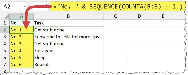 Example of concatenating text to a SEQUENCE function to create custom lists