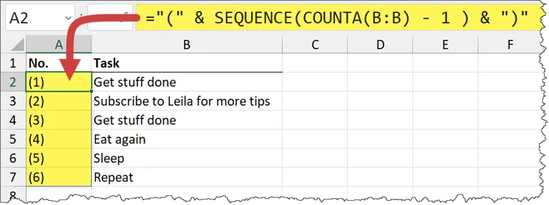 Example of concatenating text to a SEQUENCE function to create custom lists