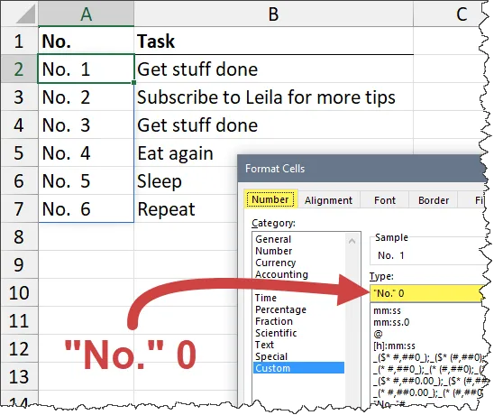 Custom Number Formatting in Excel to add customization to numbered lists