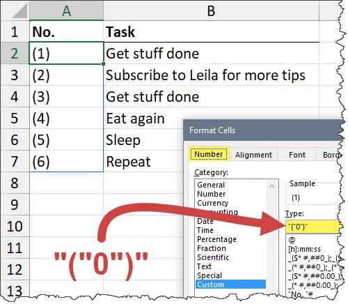 Custom Number Formatting in Excel to add customization to numbered lists