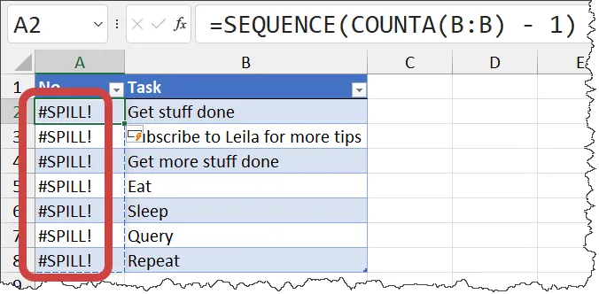 Demonstrating the failure of the SEQUENCE function in an Excel Table - Spill errors