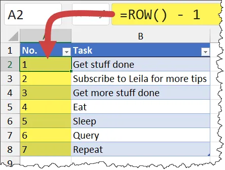 Using Excel's ROW function to generate a numbered list in an Excel Table