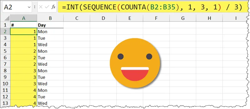 INT, SEQUENCE, and COUNTA functions used together to create a list of repeating numbers