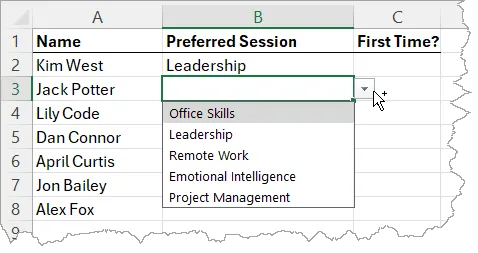 Fragment of an excel spreadsheet with an expanded drop-down list.