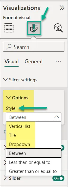 Slicer style settings on the Format visual pane, with Vertical list, Tile and Dropdown highlighted.