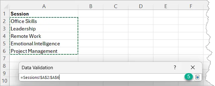 Fragment of an Excel spreadsheet with a range selected as source using the Data Validation wizard.