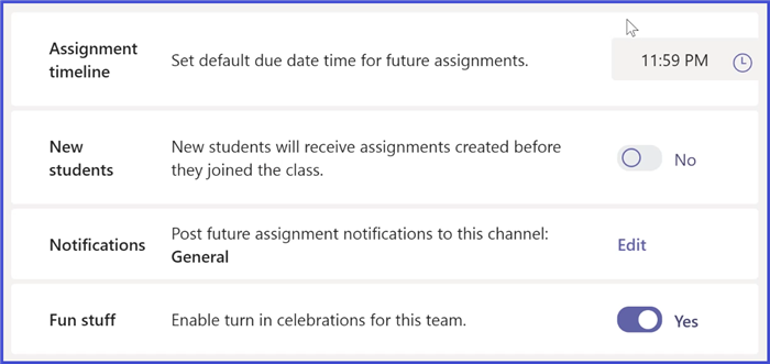 Microsoft Teams - Assignment Settings