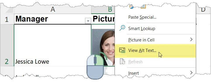 Fragment of an Excel spreadsheet, a mouse icon with right button highlighted over a picture of a person, partially covered by the context menu with "View Alt Text" highlighted.