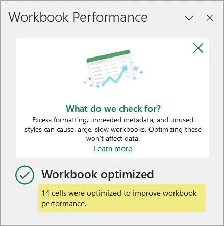 Workbook Performance pane with Workbook optimized message.