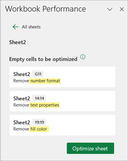 Workbook Performance pane with Empty cells to be optimized.